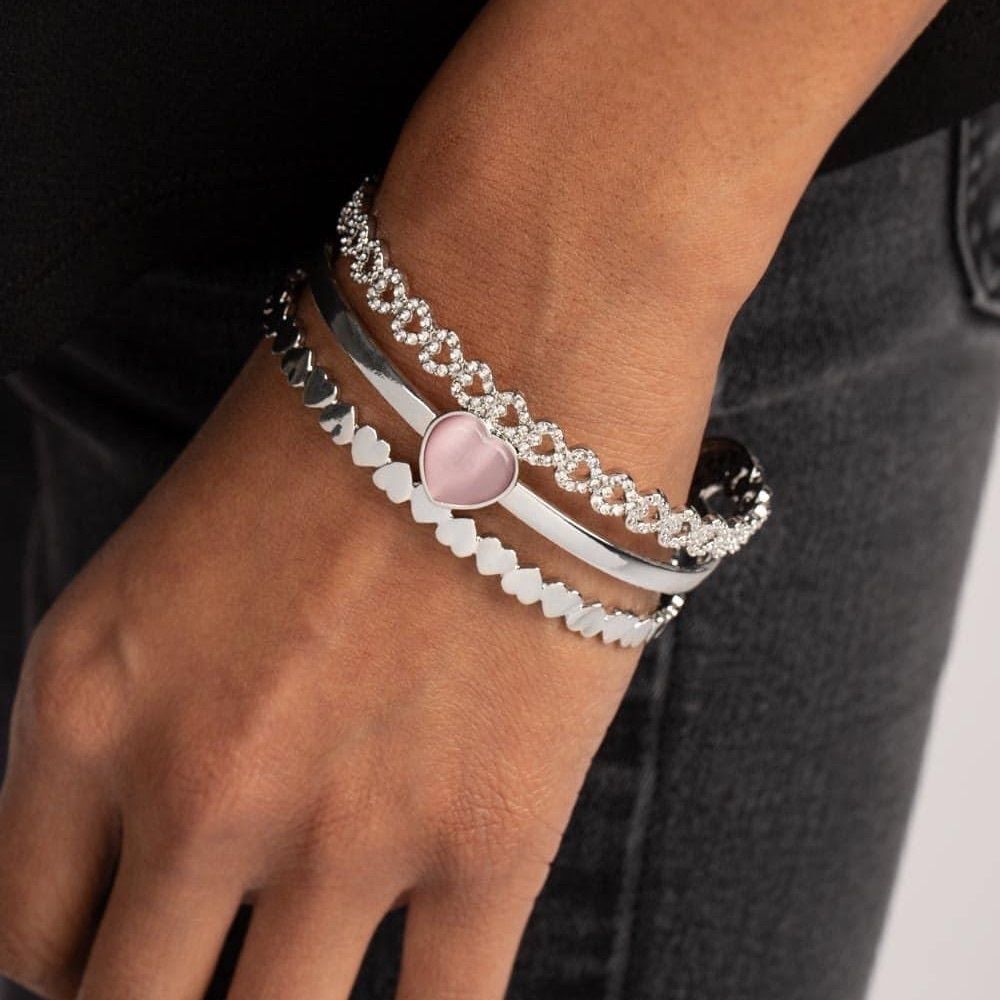 Silver with pink heart moonstone cuff bracelet